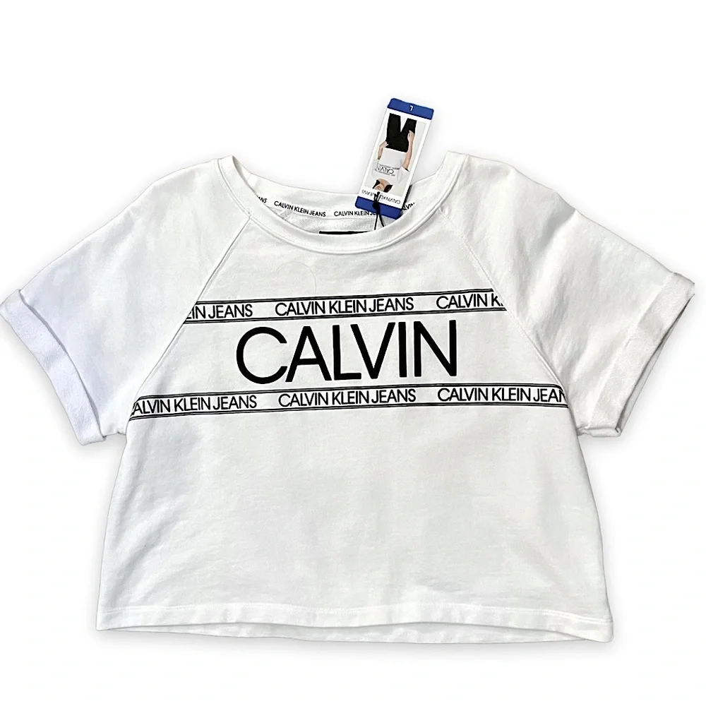 NWT Calvin Klein White Logo Short Sleeve Crop Top Size Large - Picture 9 of 13